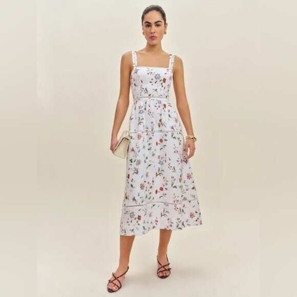 NEW Reformation Everett Linen Midi Dress Corsini White Multi Floral | US 0 UK 4 - Picture 4 of 16